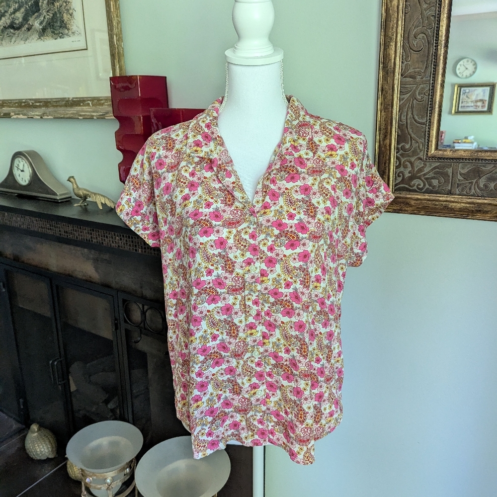 Lucky Brand Wmns M Top Pink Ditsy Floral Paisley ButtonUp ShortSLV Coquette 124